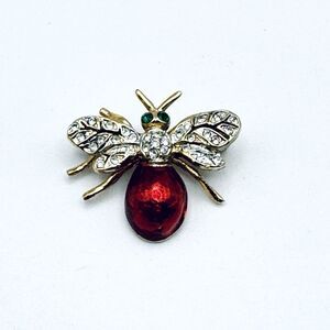Vintage Red Enamel Sparkle Rhinestone Fly Flying Insect Bug Pin Brooch Gold Tone